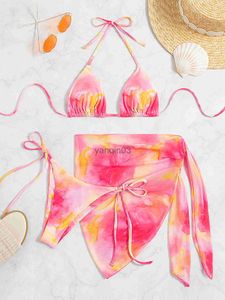 Kadın mayo tasarımcısı kravat boya bikini 3 adet Sarong bikini ile mayo kadınlar üç parça düşük bel sahil kıyafetleri Bather biquini j230603