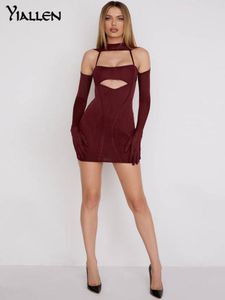 Elbiseler Yiallen Sonbahar Moda Giysileri Kadınlar İçin Elbiseler 2022 YENİ BULUR OUT Uzun Kollu On Seksi Düz Renk Bodycon Mini Elbise Sıcak