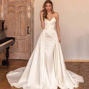 Elegant White Mermaid Wedding Dresses With Overskirt Train Sweetheart Pleat Ruffles Tiered Skirt Organza Custom Chapel Train Formal Bridal Gowns vestido de Ivory