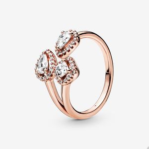 Pandora için Kristal Elmas Gözyaşı Açık Yüzükler 18K Gül Altın Düğün Yüzük Seti Tase Mücevherleri Kadın Kızlar İçin Mücevherat Gerçek 925 Gümüş Yüzük Orijinal Kutu Toptan
