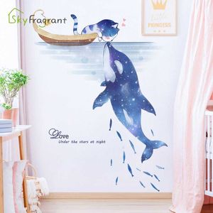 Karikatür Yıldızlı Gökyüzü Dolphin Cat Wall Stickers Çocuklar İçin Odalar Yatak Odası Kendinden Yapışkan Sticker Arka Plan Duvar Dekorasyon Ev Dekor