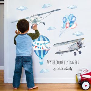 Aquarela Avião Balão de Ar Quente Adesivo de Parede Crianças Quartos de Bebê Decoração de Casa PVC Mural Decalques Adesivos de Berçário Papel de Parede