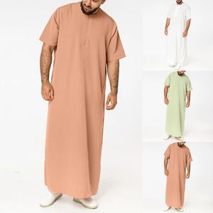 Erkekler Müslüman Kaftan Kısa Kollu Katı O Boyun Jubba Thobe Abaya Orta Doğu Dubai Suudi Arabistan İslam Erkek Elbiseler S-5XL