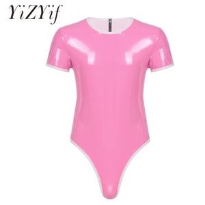 Erkekler Vücut Shapers Seksi Erkek Patent Deri Deri Vücut Takım Çamaşırı Islak Görünüyor Rave Clubwear Kısa Kol Yuvarlak Boyun Fermuar Tekrar Romper Playsuit 230606