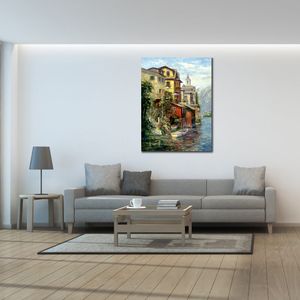 Modern Impressionist Landscape Canvas Art Lakeside Hallstatt Handmade Oil Painting Artwork for Office Hallway Room