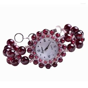 Bilek saatleri moda takılar kadınlar kuvars bilek izleme kol saati kız öğrencileri için hediyeler doğa kırmızı garnet