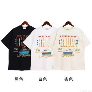 Gömlek 23SS Klasik Mektup Baskı Rhude T Shirt Erkek Kadınlar AB Boyut% 100 Pamuk Tees High Street Yaz Hippi Giysileri