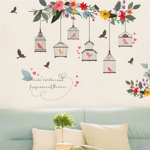 Renkli çiçek kuşları kuş kafesi duvar çıkartma etiketleri duvar sanatı ev oturma odası yatak odası tv arka plan bahçe pencere dekor