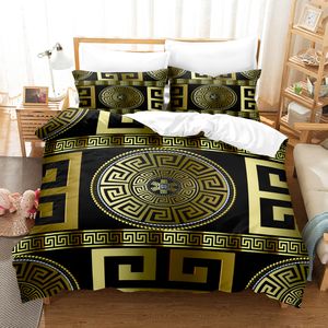 Conjuntos de cama 3D luxo preto ouro conjuntos de capa de edredom chave grega Meander lençóis de cama queen king size colcha geométrica moderna 230605