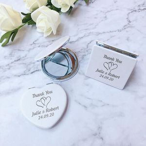 Partygeschenk 100 Stück personalisierter kompakter Make-up-Spiegel, Hochzeitsgeschenk für Gäste, individuelles Kosmetik-Geldbörsen-Souvenir aus weißem Leder