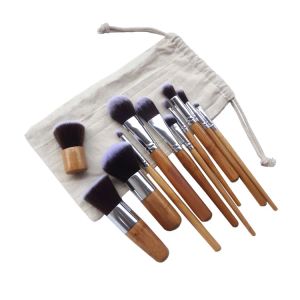 Conjunto de pincéis de maquiagem com alça de bambu com bolsa Kits de pincéis de cosméticos profissionais Conjunto de pincéis de base para sombra Kit de ferramentas de maquiagem 11 pçs