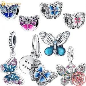 925 Pandora Charms için Gümüş Otantik Boncuk Boncuk Teklif Çifte Dangle Cazibe Kelebek Kelebek Parıltılı