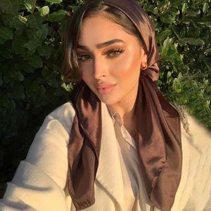 Sarongs Solid Color Head Scarf Blcak Square 9090 Silk Foulard Satin Bandana Cheveux Neckerchief Hijab Accessoires For Woman Hair 230605