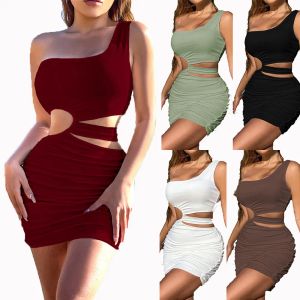 XS Designer Sexy Hollow Cut Out Dress Summer Women One-Shoulder Bodycon Mini Abiti Street Party Night Club Wear Abiti eleganti Bulk Vestiti all'ingrosso