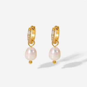 Hoop Earrings INS Style Zircon Micro Inlaid Freshwater Pearl Pendant For Women In Stainless Steel