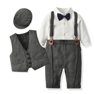 T-shirts born Boy Formal Clothes Set Infant Boy Gentleman Birthday Romper Outfit With Hat Vest Long Sleeve Infant Jumpsuit Suit Formal 230606