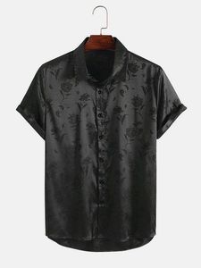 Camisa masculina de grife Camisa social masculina de seda de cetim rosa estampada com frente aberta Kimono - verde profundo fibra de acetato S manga curta camisas casuais masculinas