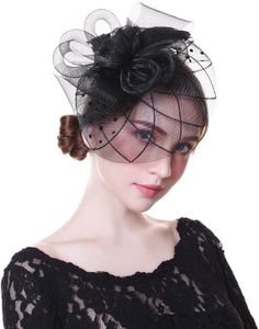 Vintage Black Headdress Peçe Headdress Performans Gelin Şapka Saç Aksesuarları Çiçek Tüy Meyes Saçkop Aksesuarları