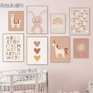 Boho sanat posterleri tek boynuzlu at baskılar tavşan baskı resimleri çizgi film alpaca tuval boyama kreş duvar bebek odası dekor 179p