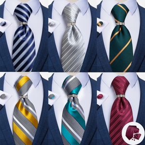 Шея галстуки Dibangy Design Silk Men's Tie Pocket Square Mufflinks Set Gold Blue Triped Formal Wedding Party Healtie с серебряным кольцом 230607