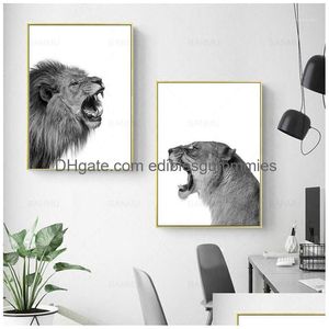 Black and White Lion and Lioness Canvas Wall Art, 2-Piece Woodland Animal Painting Prints for Living Room Home Decor