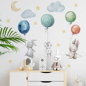 Simpatici conigli volanti adesivi murali palloncini luna stella nuvola decalcomania rimovibile per bambini Nursery Baby Room Decor poster murale