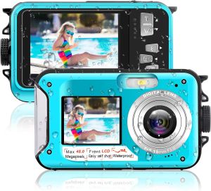 Câmera subaquática 2,7k 48MP Câmeras digitais à prova d'água de 10ft HD Video Selfie Self Dual Screen 16x Water 247 S