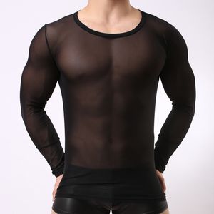 Erkek Tişörtler Seksi Erkekler'in Şeffaf Kafesi Uzun Kollu Üstler Eşcinsel Gece Kulübü Giyim Gezgin Taytlar Tişörtler Siyah Beyaz Fanila 230608