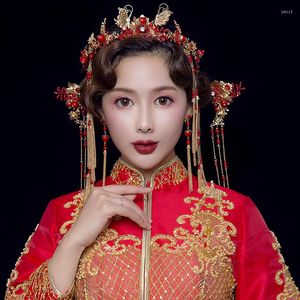 Saç klipleri janevini Çin tarzı kırmızı çiçek saç tokaları vintage antik gelin başlıkları küpeler kadın düğün takı aksesuarları