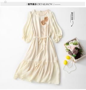Vestido de seda com miçangas cor sólida verão 3D flores manga 3/4 decote redondo com cinto na altura do joelho vestidos casuais C3A255048