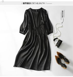 Yaz Siyah Tekne Ankraj Baskı Panelli İpek Elbise 3/4 Kollu Yuvarlak Boyun Midi Günlük Elbiseler C3A250117