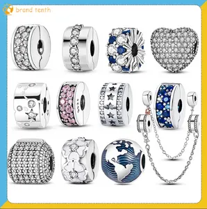 925 Серебряное серебро для Pandora Charms Authentic Bead Diy подвесные женские браслеты блестящие сердечный клип очаг цветочный бусин сейф цепь стоппер