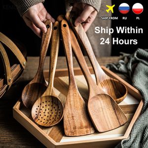 Herb Spice Tools Thailand Teak Natural Wood Tableware Spoon Ladle Turner Long Rice Colander Soup Skimmer Cooking Spoons Scoop Kitchen Tool Set 230609