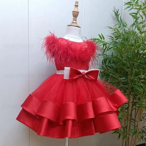 Kız Elbiseler Kırmızı Tüy Çiçek 2023 Yay A-Line satin gerçek resim düğün elbise diz boyu tül prenses elbiseler