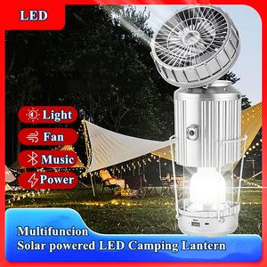 Lanterna da campeggio solare con ventola, altoparlante integrato, Bluetooth, luce LED da campeggio ricaricabile Lampada da tenda portatile con interruttore allungabile Batteria lampada di ricarica USB