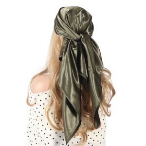 Sarongs Solid Colors Silk Scarf Women Satin HairHead Scarves Black White Army Green Brown Khaki Square 90*90cm Foulard Female Hijab 230609