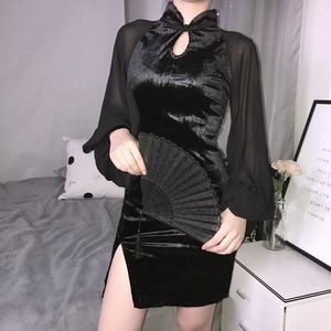 Повседневные платья, винтажное черное мини-платье Cheongsam, женское облегающее платье с боковыми разрезами в китайском стиле, элегантное кружевное сетчатое вечернее сексуальное платье
