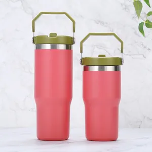 30 oz 20oz buz akışlı araba bardağı paslanmaz çelik çift duvar bardak yalıtım yalıtımlı su şişesi araba yeniden kullanılabilir bardak saman sızdırmaz flip kapakları fedex1