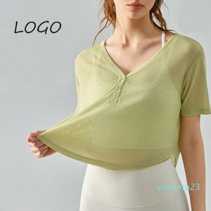 Yoga kıyafetleri al logo yoga bluz t-shirt kadınlar v-yaka düğmesi yaz ışığı gevşek blazer çalıştıran zayıflama fitness giyim