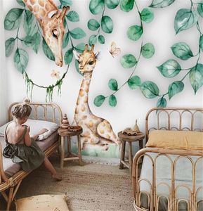 Papéis de Parede Bacal Papel de Parede Personalizado 3D Mural Nórdico Minimalista Folhas Desenho Animado Animal Bonito Girafa Casa Infantil Fundo Parede Home