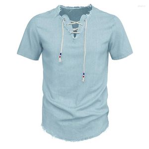 Erkekler Tişörtleri 2023 Yaz Kısa Kollu Denim Tasarım Gömlek Erkek Sokak Giyim Moda Gevşek V Boyun Kravat Tepeleri Erkekler İçin Günlük Jean