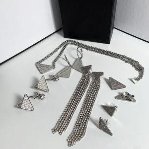 Designer jewelry European and American diamond design P inverted triangle female necklace earring set new fashion temperament fringe ins