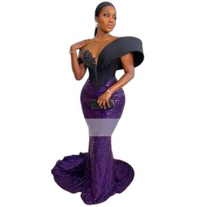 Purple Prom Prome Press Mermaid Scoop Sequin Vestiti Cerimonia Donna African Evening Dress Beads Beads Prom Plants