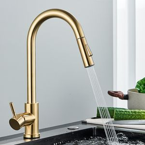 Bathroom Sink Faucets Quyanre Brushed Gold Kitchen Faucet Pull Out Kitchen Sink Water Tap Single Handle Mixer Tap 360 Rotation Kitchen Shower Faucet 230612