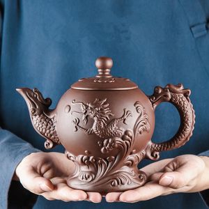 Чайная посуда Исинский глиняный чайник Цзыша, большой чайник ручной работы с драконом, один горшок, керамический бытовой чайный сервиз кунг-фу, набор чайных чашек