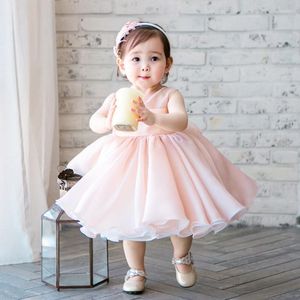 Kız Elbiseler Sevimli Pembe Şifon Kolsuz Doğum Boncuklu Bebek Vaftiz Elbisesi 1 Yıllık Doğum Günü Partisi Bebek Vaftiz