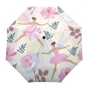 Şemsiye Çiçek Kız Dans Eden Pembe Tamamen Otomatik Şemsiye Açık Hava Çocuklar İçin Yetişkinler Baskılı Katlanabilir Sekiz Strand