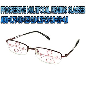 Güneş gözlüğü aşamalı multifokal anti blu ışık okuma gözlükleri kırmızı metal çerçeve erkekler kadınlar yüksek kaliteli dikdörtgen 0.75 ila 4