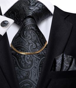 Neck Ties Hi-Tie Black Classic Paisley Design Luxury Silk Men's Gift For Men Heartie Fashion Tie Chain Hanky ​​Mufflinks Set Wedding 230613