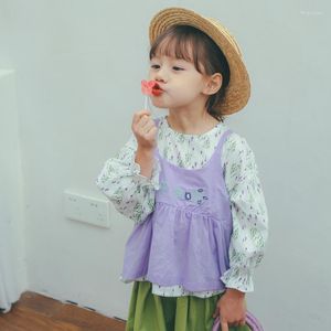 Одежда набор детской пружины с пурпурно-зеленой цветочной рубашкой для вышивки с двумя частями.